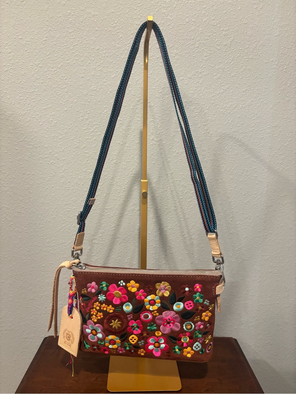 Consuela Brown Suede Embroidered Floral Crossbody Shoulder Bag Adjustable Strap